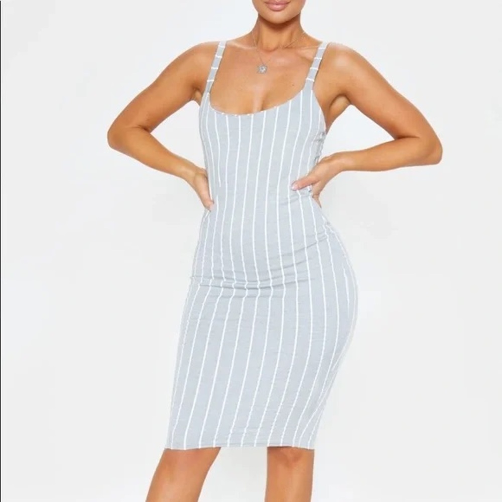 PrettyLittleThing Gray Striped Midi Dress